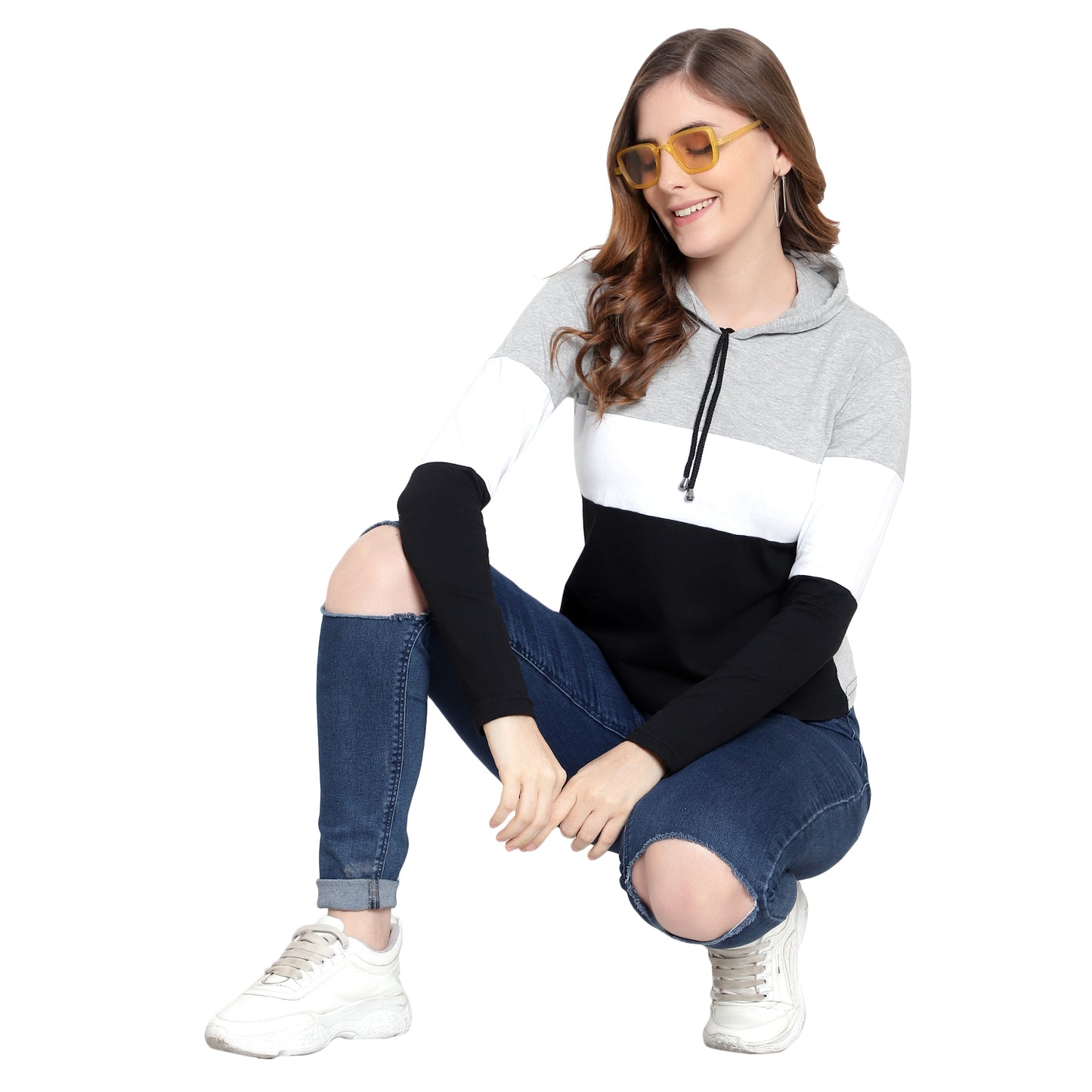 Women's Full-Sleeve Hoodie T-Shirt – Grey Cotton Color Block Solid Tee