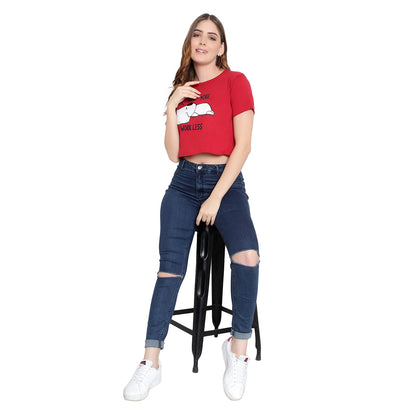 Women's Red Crop Top – Half Sleeves Cotton T-Shirt