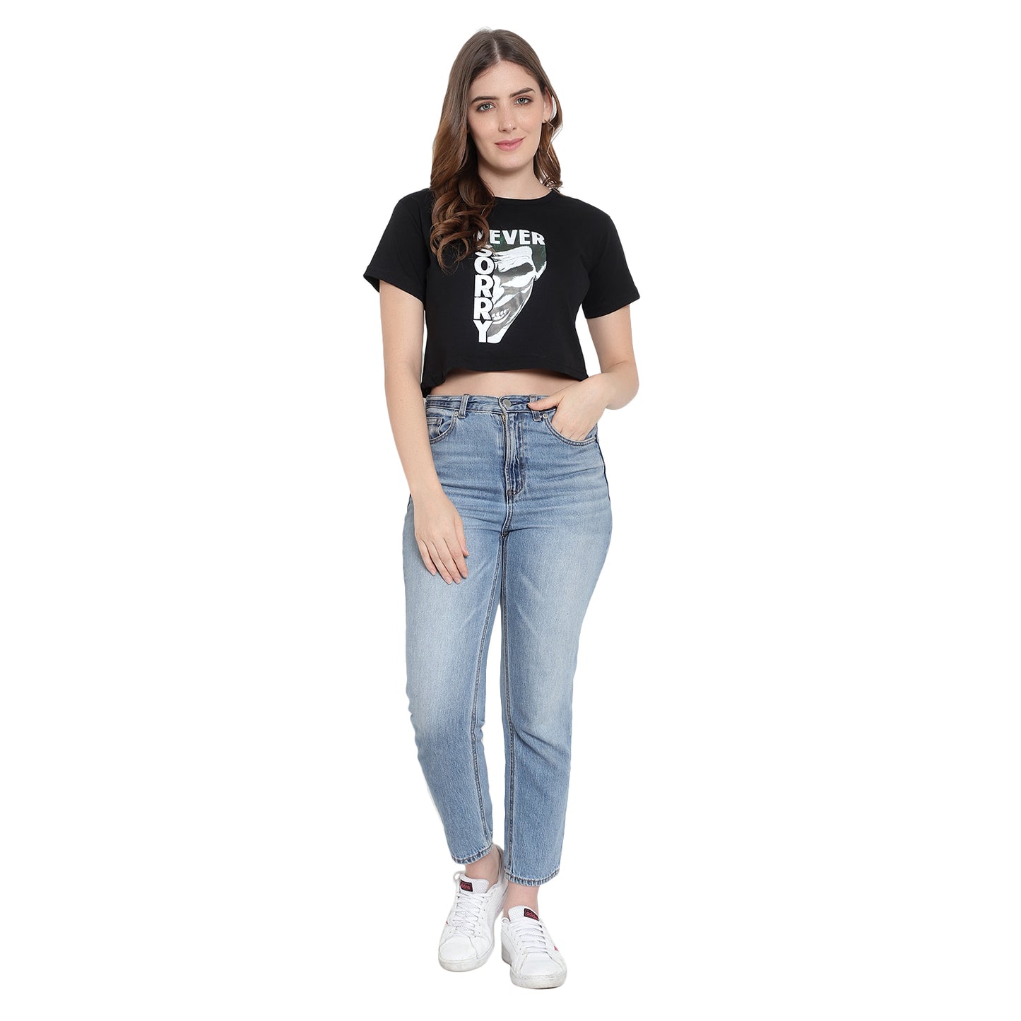 Women's Black Printed Crop Top | Trendy Cotton T-Shirt | Casual & Stylish Wear