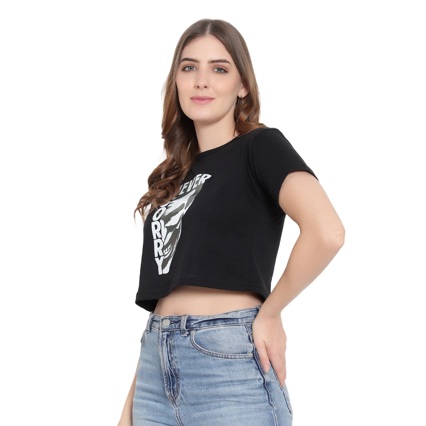 Women's Black Printed Crop Top | Trendy Cotton T-Shirt | Casual & Stylish Wear