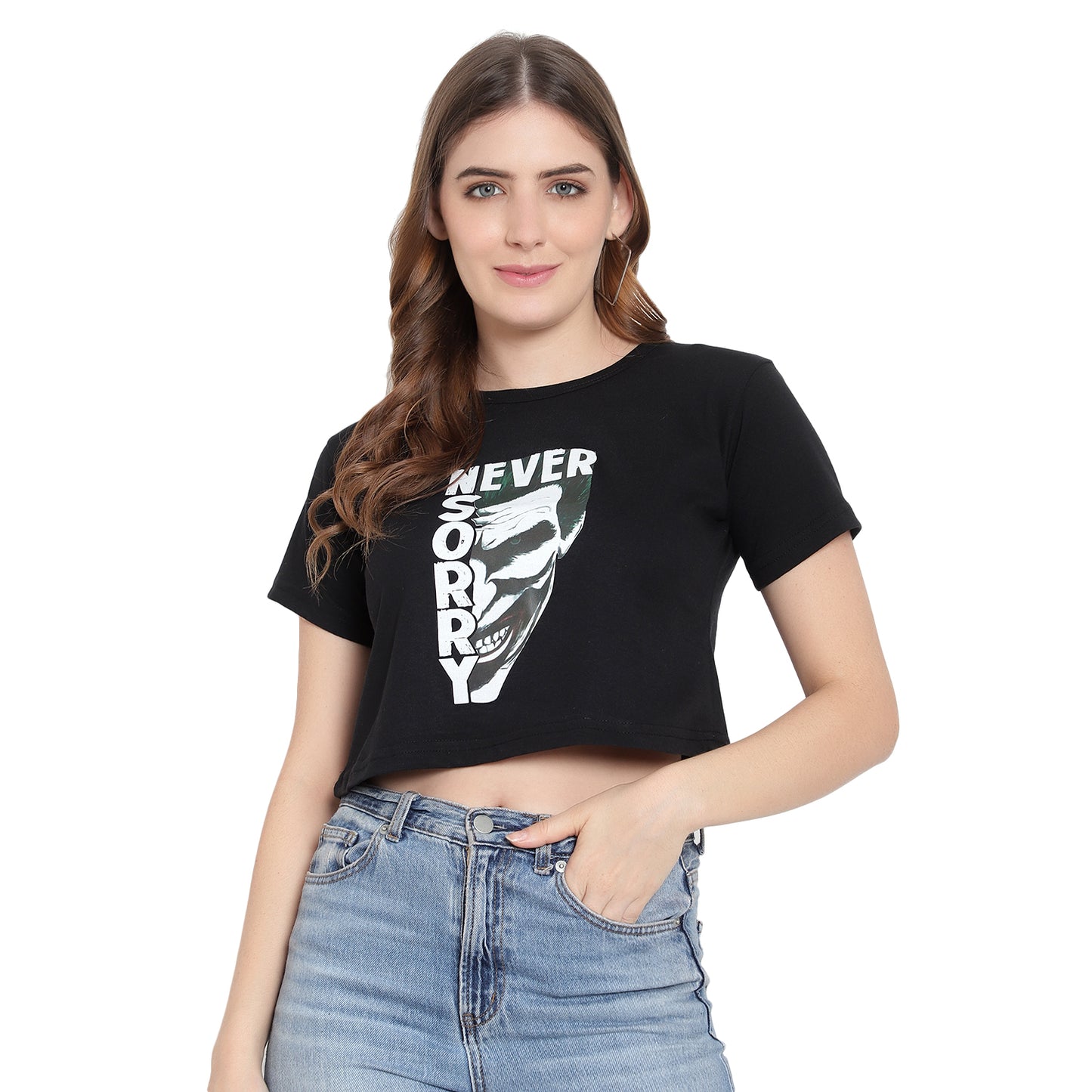 Women's Black Printed Crop Top | Trendy Cotton T-Shirt | Casual & Stylish Wear