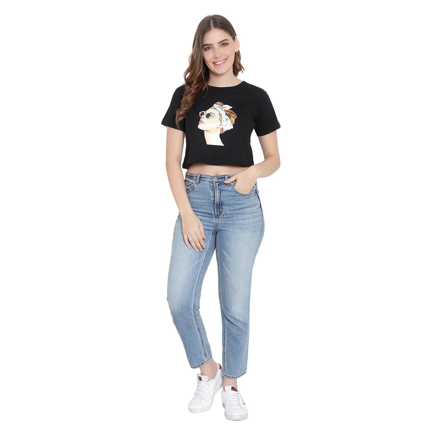 Women Black Printed Crop Top – Half Sleeves Cotton T-Shirt