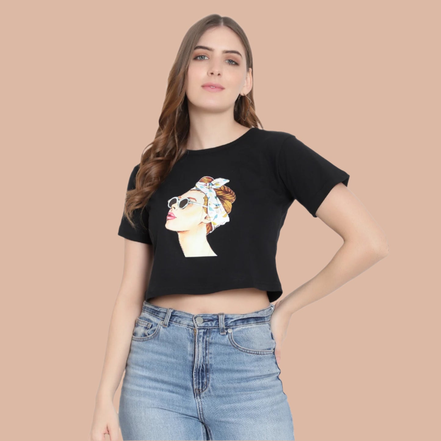 Women Black Printed Crop Top – Half Sleeves Cotton T-Shirt