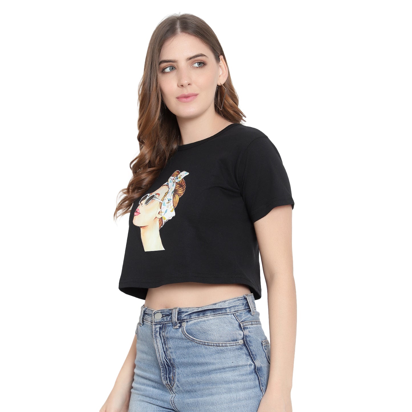 Women Black Printed Crop Top – Half Sleeves Cotton T-Shirt