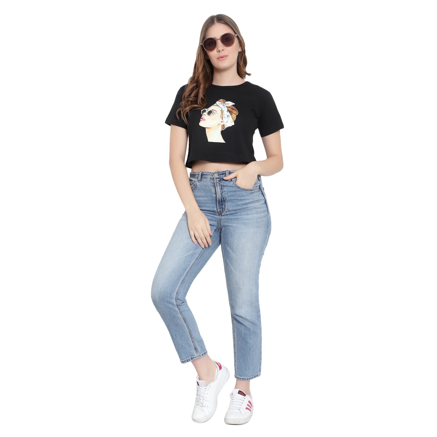 Women Black Printed Crop Top – Half Sleeves Cotton T-Shirt