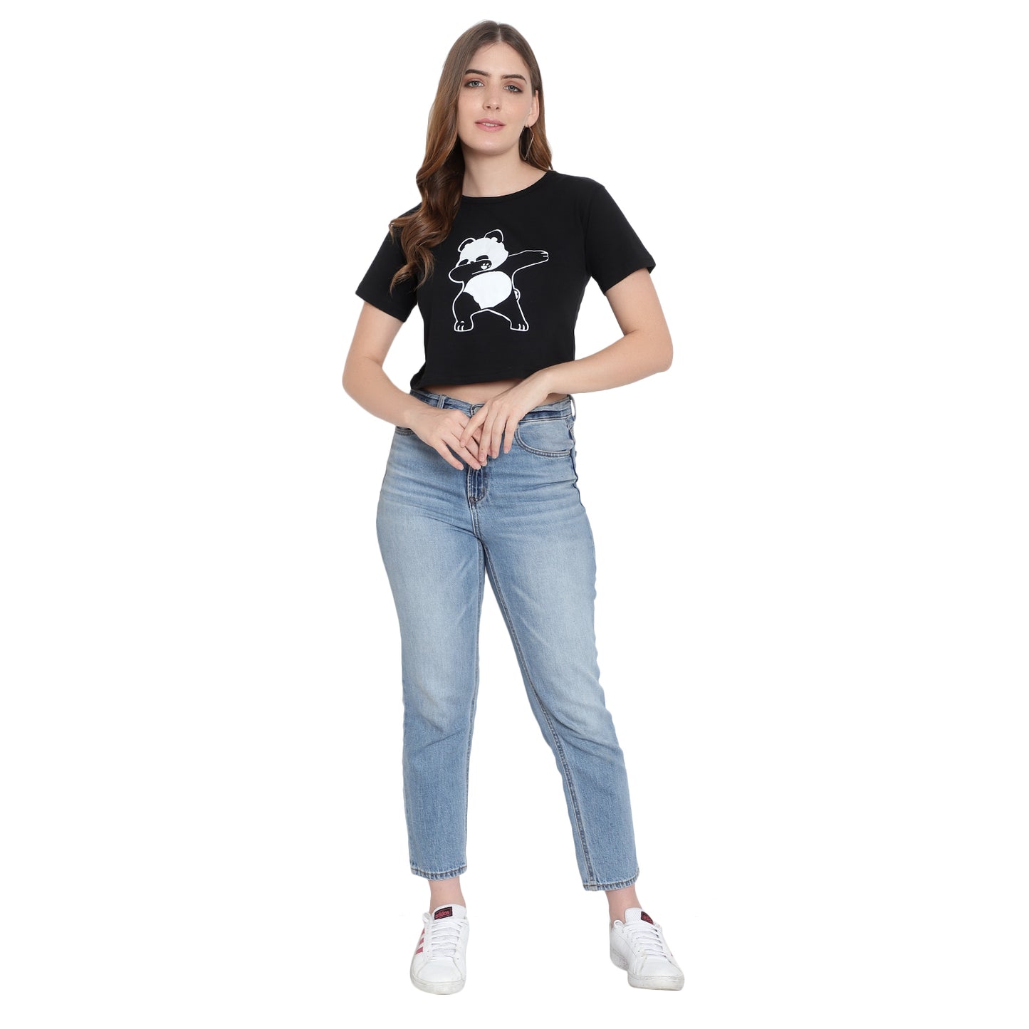 Women's Printed Crop Top | Black Cotton T-Shirt