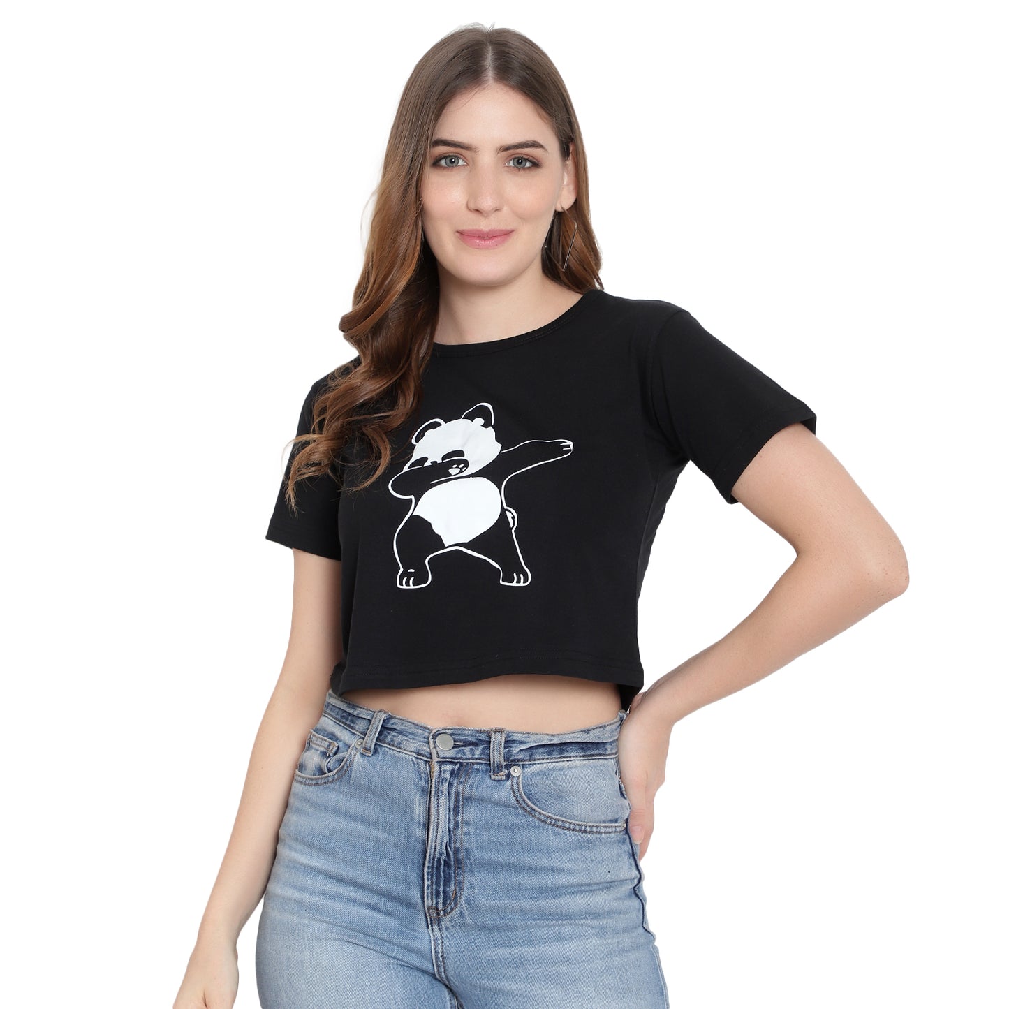 Women's Printed Crop Top | Black Cotton T-Shirt