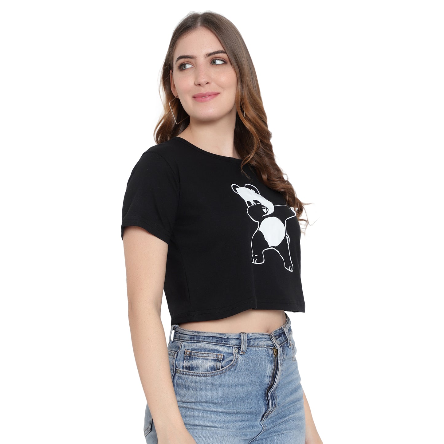 Women's Printed Crop Top | Black Cotton T-Shirt