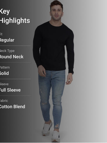 Men's Black Full Sleeves T-Shirt – Pure Cotton Casual Tee