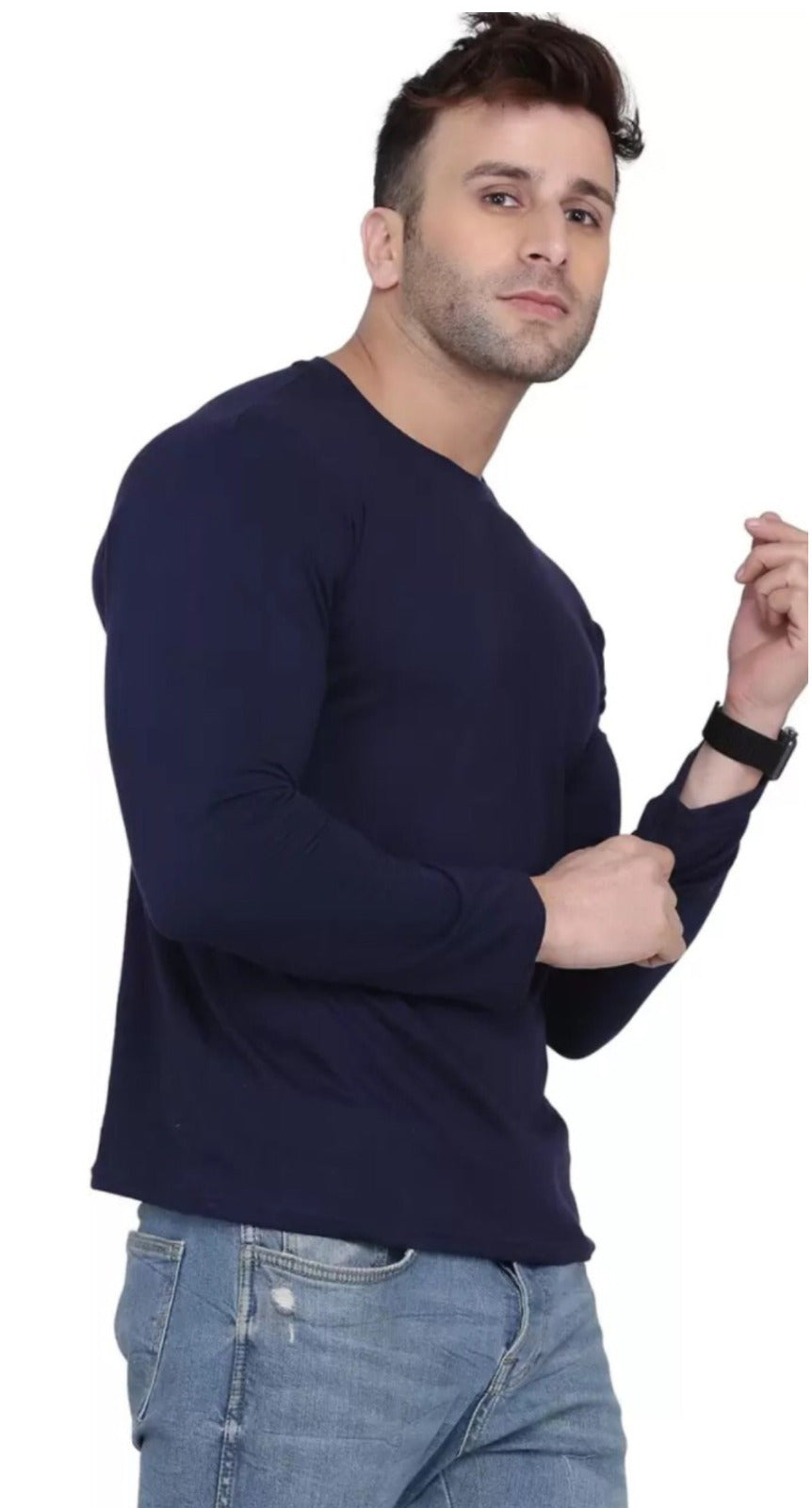 Men's Navy Blue Full Sleeves T-Shirt – Pure Cotton Casual Wear