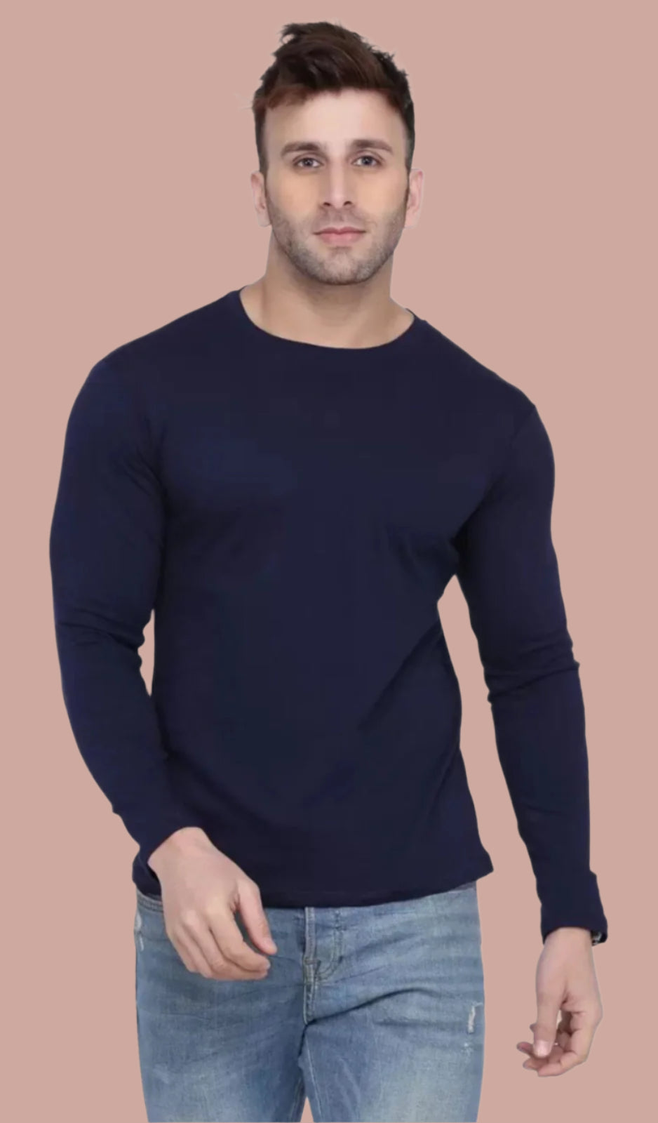 Men's Navy Blue Full Sleeves T-Shirt – Pure Cotton Casual Wear