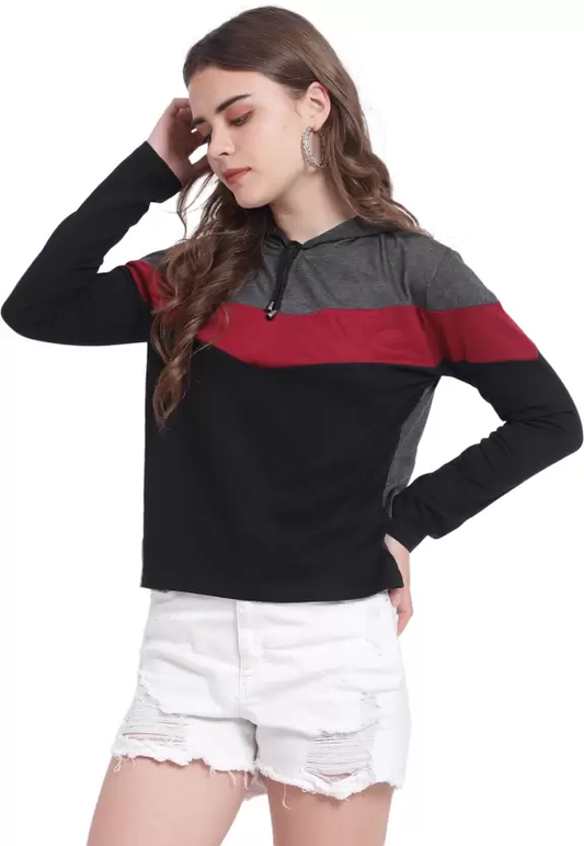 Women's Colorblock Hooded Cotton T-Shirt – Stylish | Comfortable | Everyday Essential