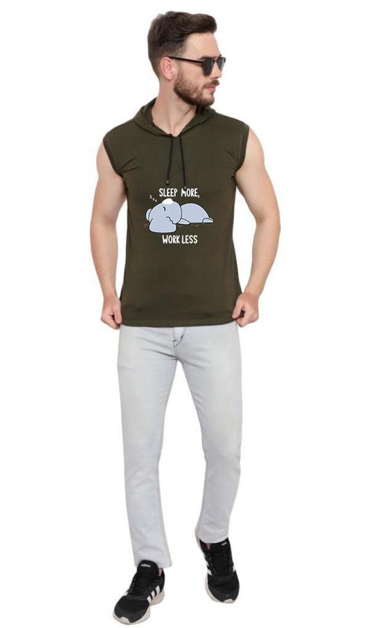 Men’s Olive Printed Sleeveless Hoodie T-Shirt – Pure Cotton Sportswear