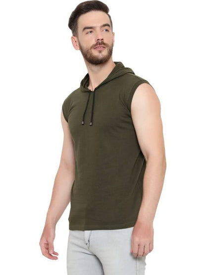 Men’s Olive Sleeveless Hoodie T-Shirt – Pure Cotton Sportswear