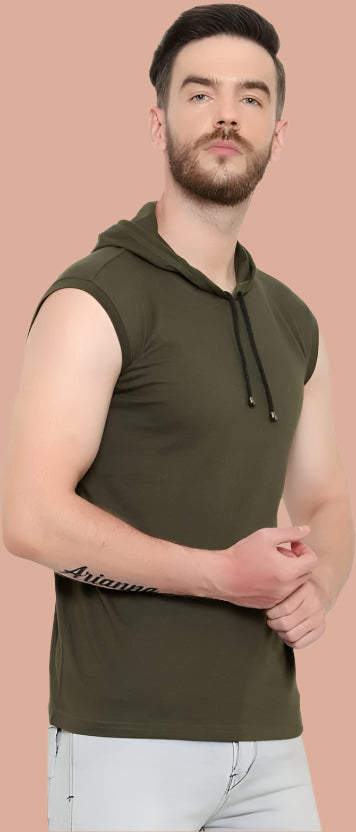 Men’s Olive Sleeveless Hoodie T-Shirt – Pure Cotton Sportswear