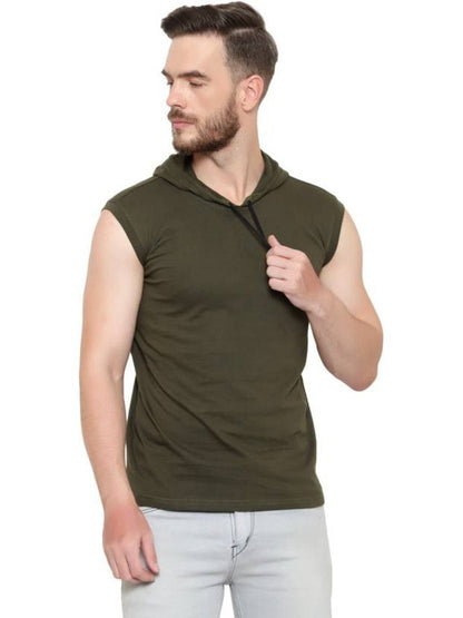 Men’s Olive Sleeveless Hoodie T-Shirt – Pure Cotton Sportswear