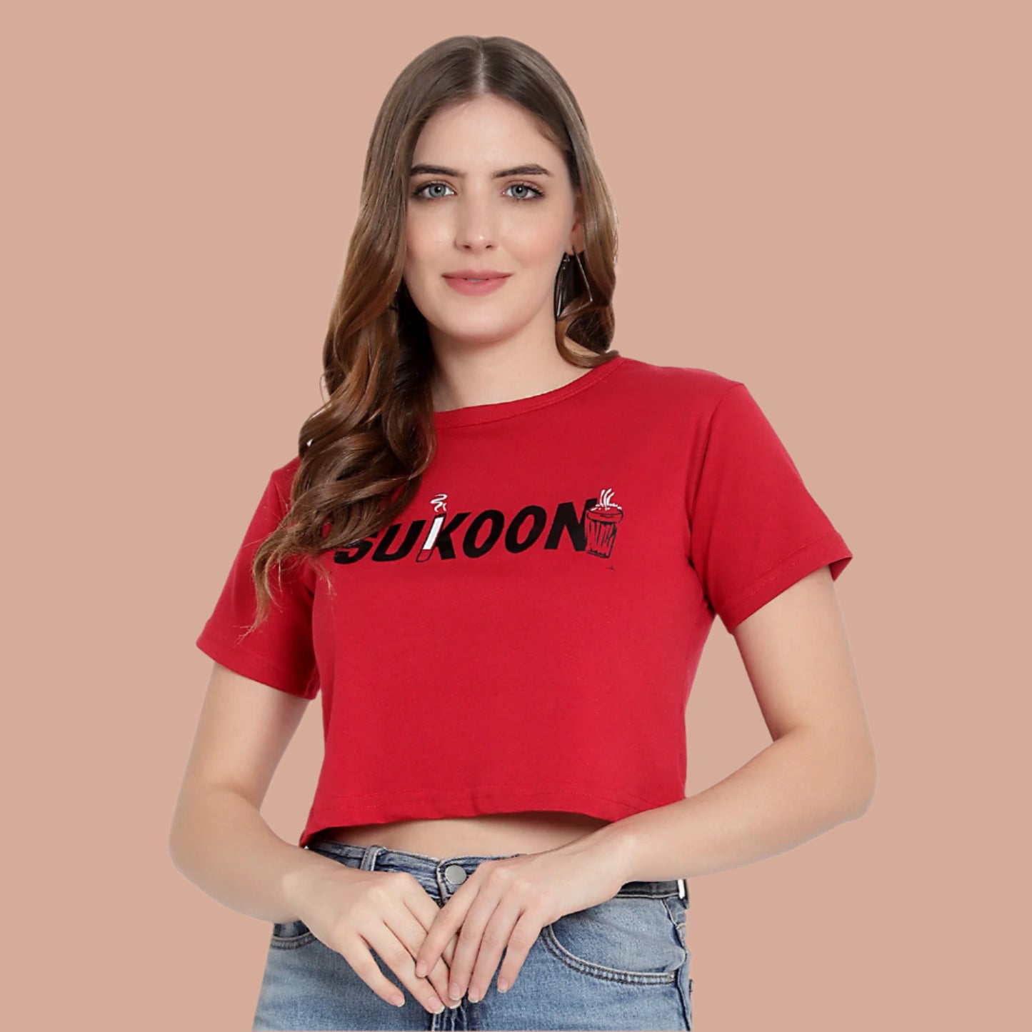 Red printed crop top for women, half sleeves, breathable cotton, casual and stylish