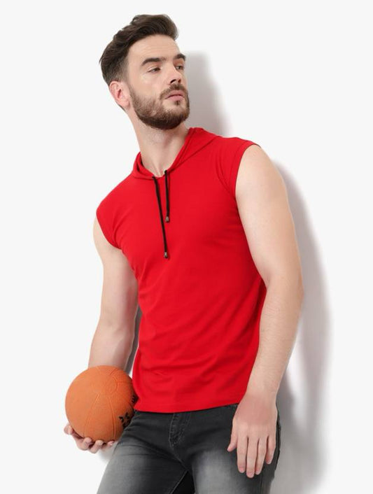 Men’s Red Sleeveless Hoodie T-Shirt – Pure Cotton Sportswear