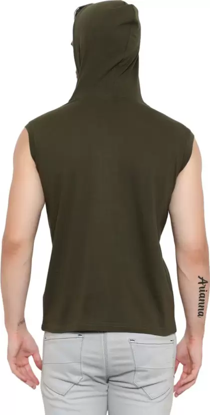 Men’s Olive Printed Sleeveless Hoodie T-Shirt – Pure Cotton Sportswear