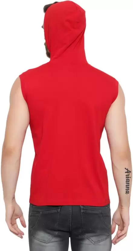 Men’s Red Printed Sleeveless Hoodie T-Shirt – Pure Cotton Sportswear