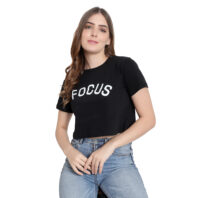 Women’s Black Crop T-Shirt - Round Neck, Half Sleeves, 100% Cotton Blend